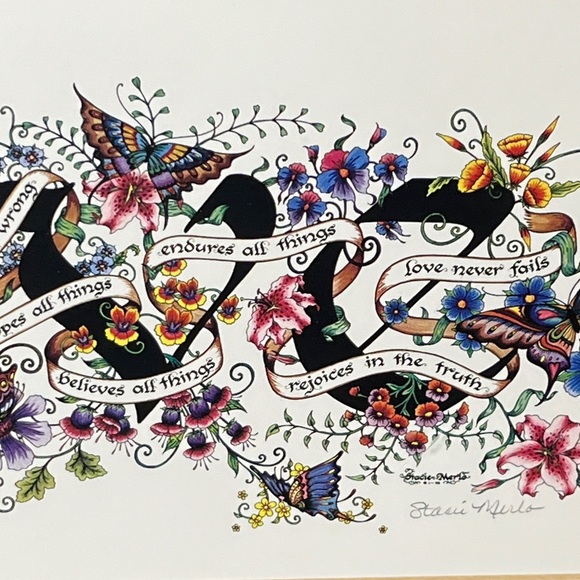 Bible Verse Love Chapter 1 Corinthians 13:4 Stacie Merlo Calligraphy Art Signed - Picture 5 of 9